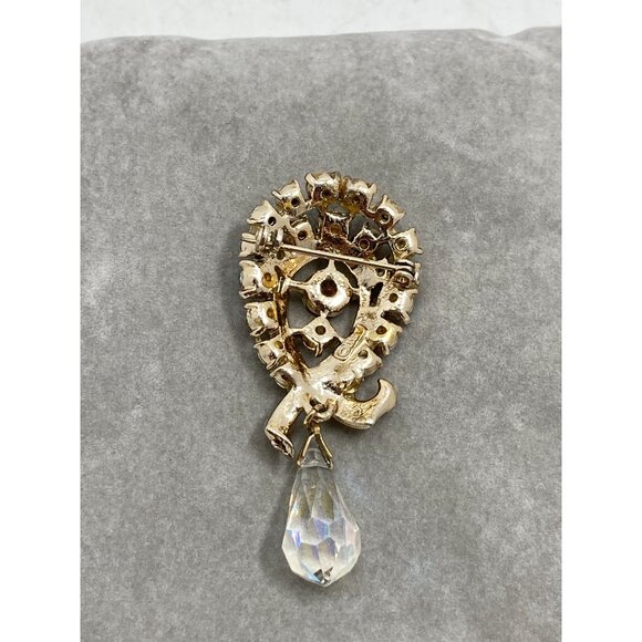 Vintage ART Gold Tone Aurora Borealis Rhinestone Brooch With Teardrop Pendant - Picture 2 of 5